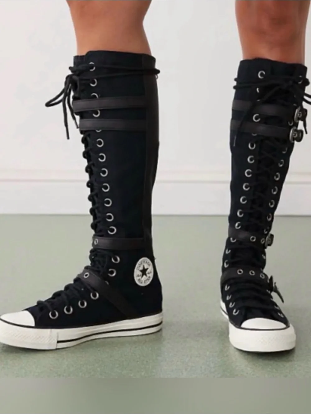 Converse Black Over-the-Knee Lace-Up Canvas Boots with Buckle Straps